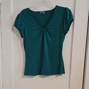 Worthington Deep Green Gathered V-Neck Blouse Size Small
